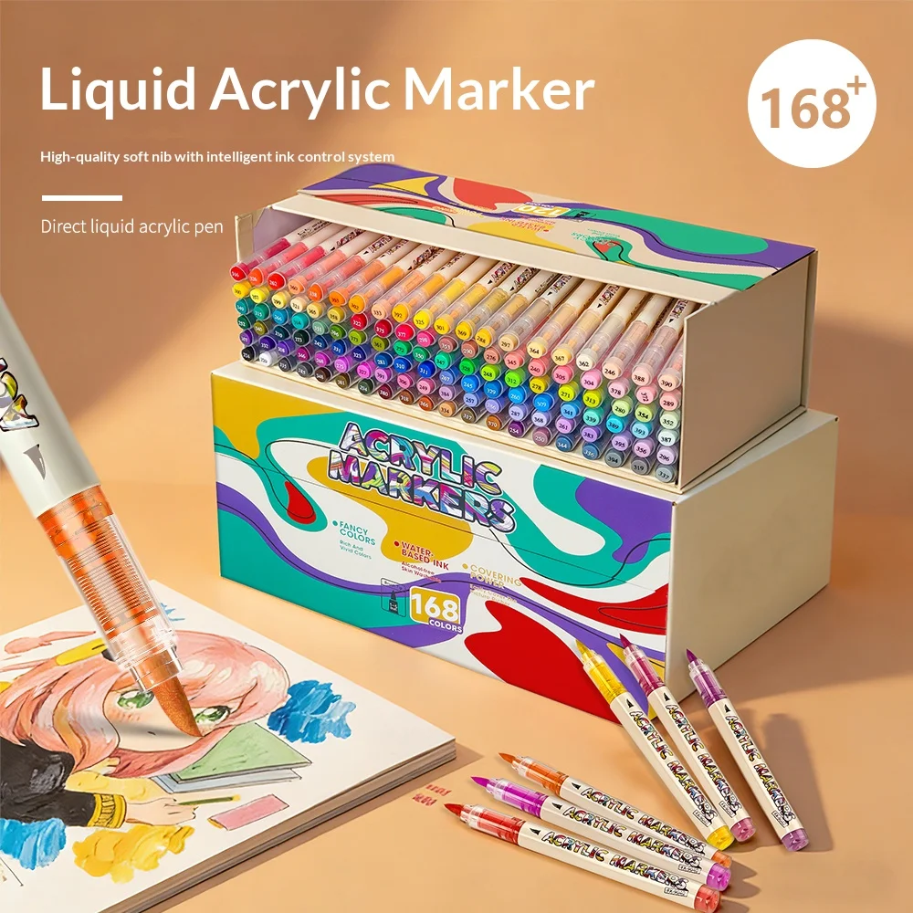 

168 Colors Acrylic Markers Brush Pen Tips Write Smooth For Painting Drawing Wood Stone Rock Egg Cup Cap Art School Supplies