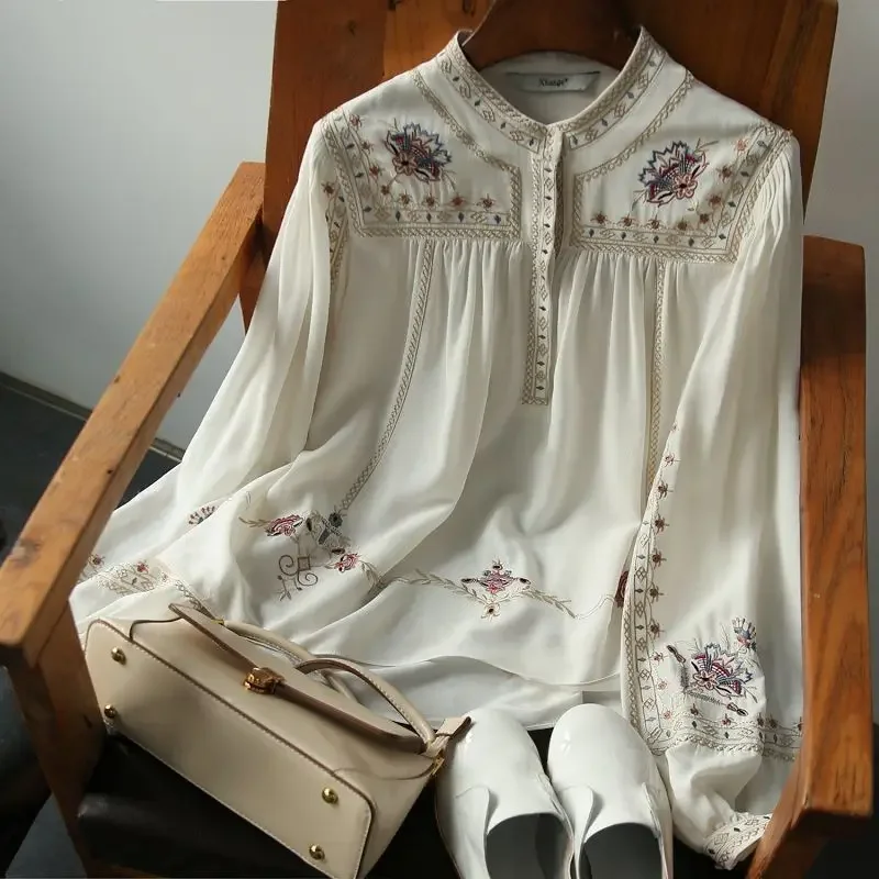 

Women Single Breasted Elegant Print Loose Shirt White Bohemia Vintage Blouse Shirt Spring Autumn Long Sleeve Collar Sexy Blouse