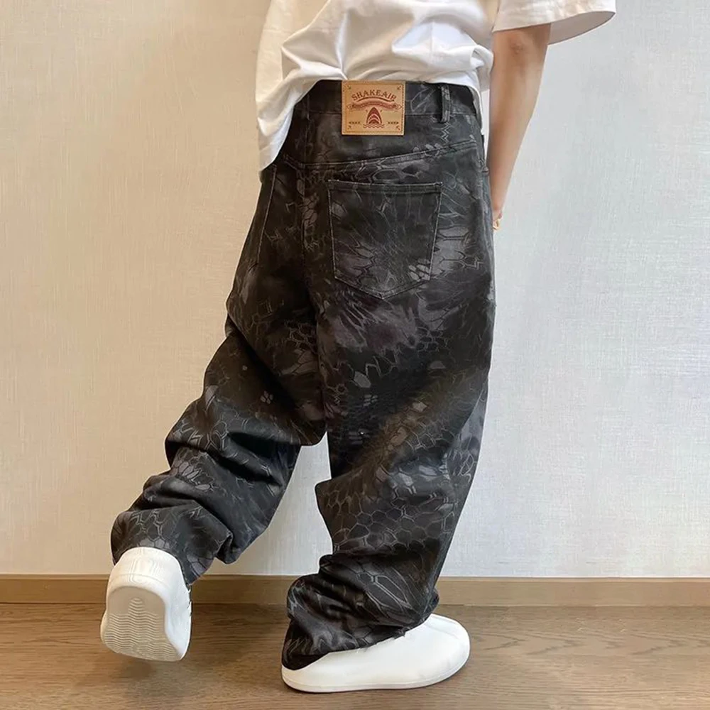 Mens Casual Pants Fashionable Trendy Y2k High Street Hip-Hop Retro Snake Pattern Loose Jeans 2024 Spring And Autumn New Style