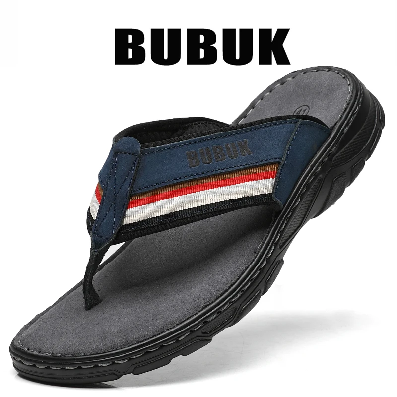 

Bubuk Men's First-Layer Cowhide Flip-Flops, New Non-Slip, Wear-Resistant, Thick-Soled Casual Sandals for Outdoor Wear, Beach Flip-Flops