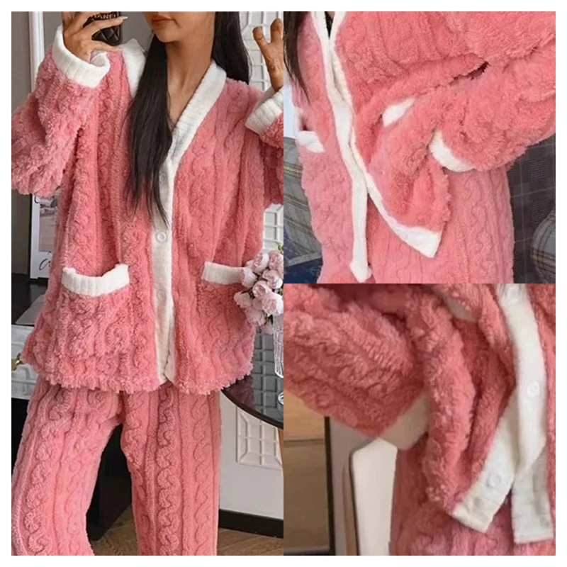 2pcs/Set Women\'s Winter Pajamas Padded Thickened Warm Pocket Models Plus Size Loose Korean Coral Fleece School pajamas Homewear