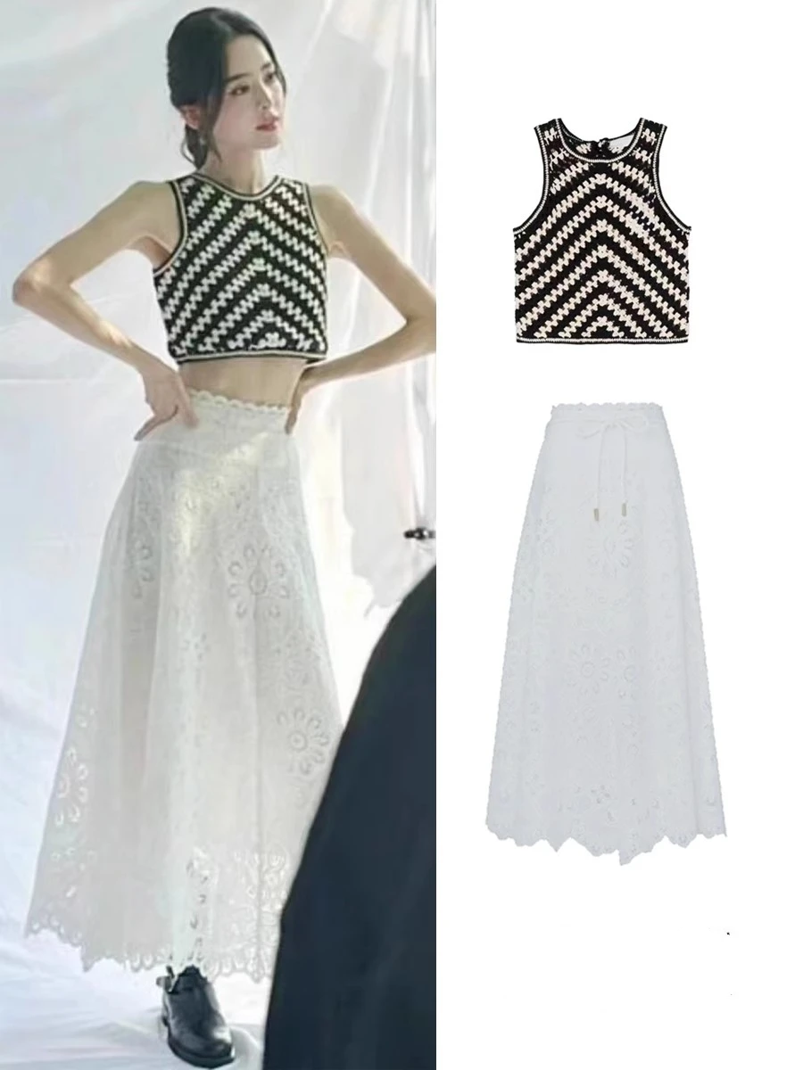 

EXJR Knitted Lace Short Sleeveless Vest Women's White Summer Sweet Style Inner Wear Casual Fashion Trend Clothing