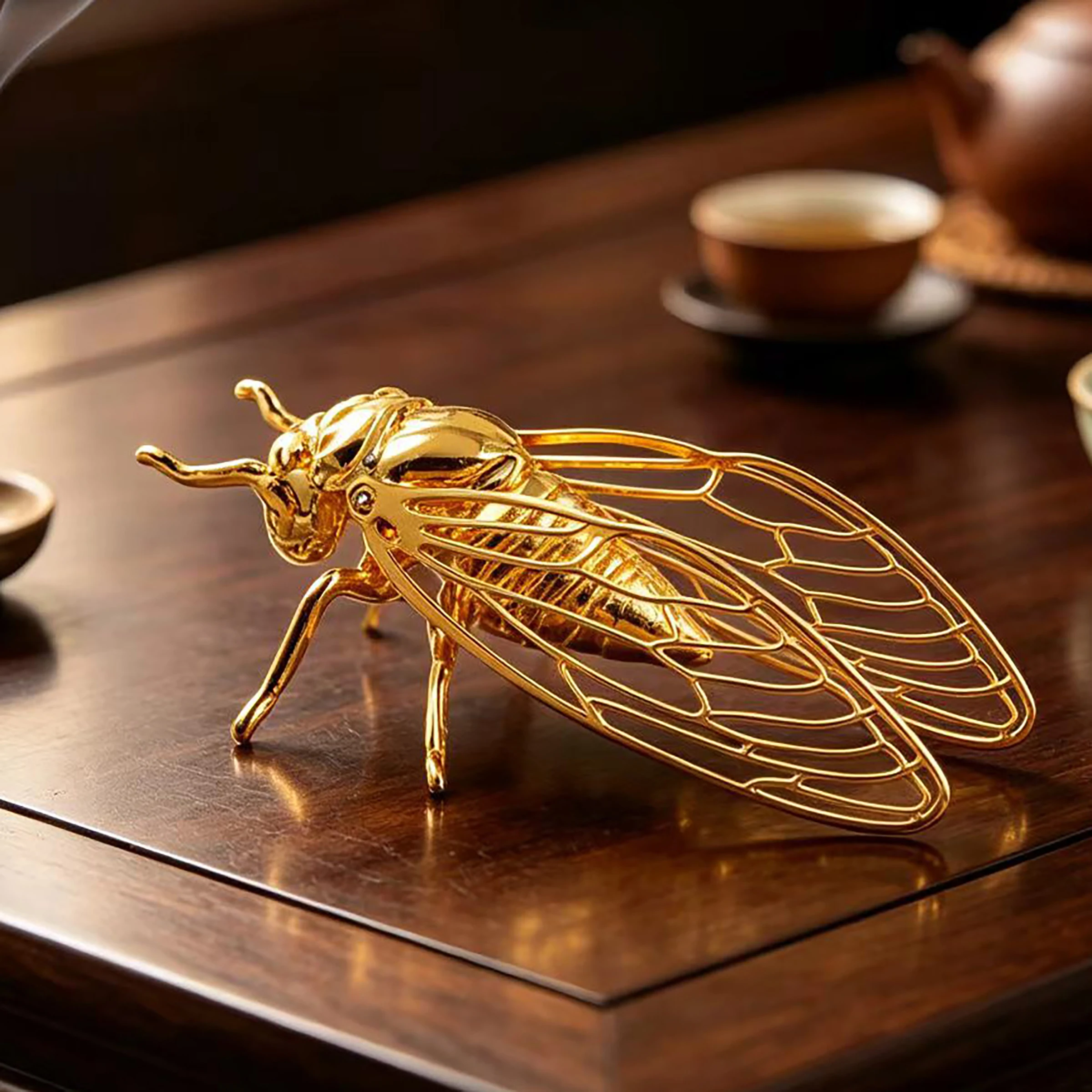 Brass Cicada, Hollowed out Cicada Tea Pet Decoration, Chinese Zen Thread Incense Seat Tea Room Handicraft
