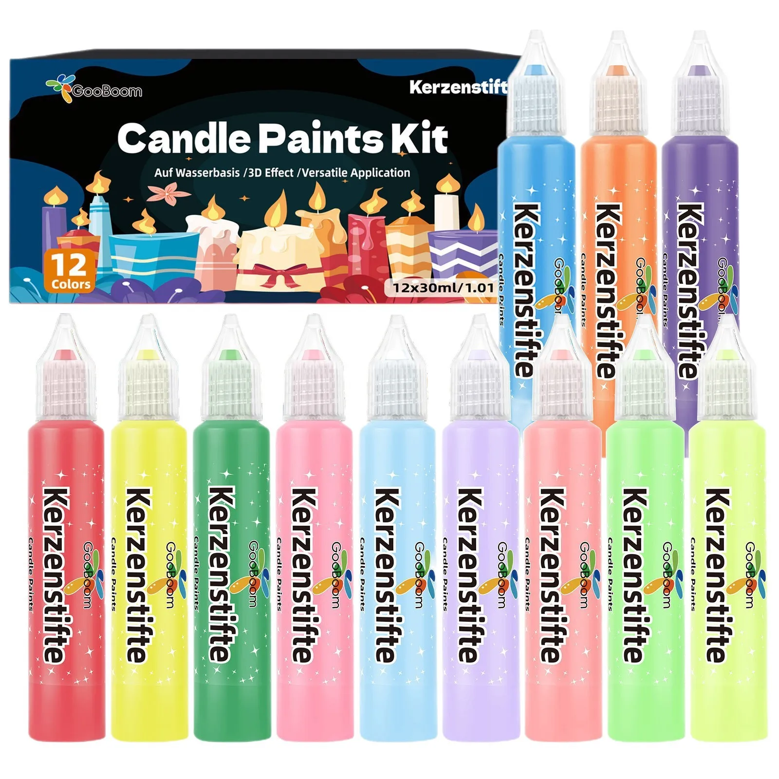 12 Colors 30ml Candle Paint Pen Set Air Dry 3D Pigment for Candle Decor Window Glass DIY Hand Painting Crafts