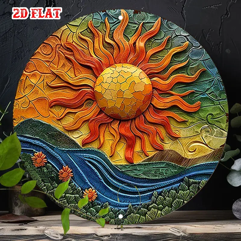 2D Flat, 1pc Vintage Sun & Sunflowers Metal Wall Decor - Rustic Farmhouse Round Wall Art with Warm Orange, Yellow, Green,