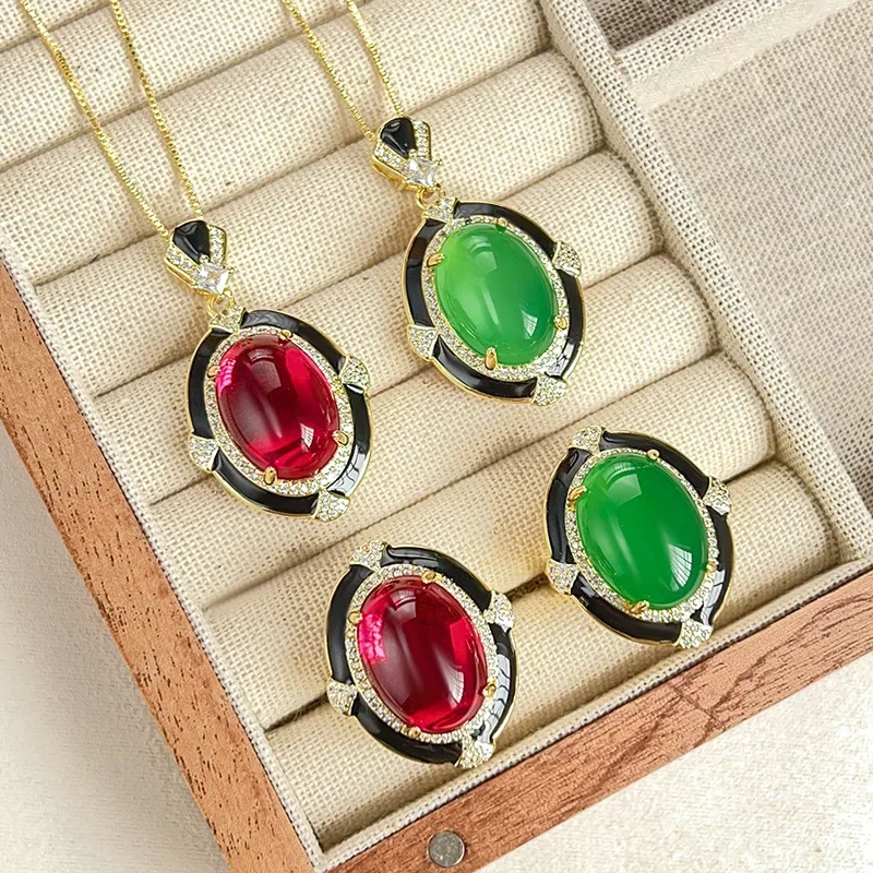Stylish Pendant Necklace Adjustable Ring Vivid Red Green Gemstones Sparkling Crystals with Black Trimmed Elegance Women Jewelry
