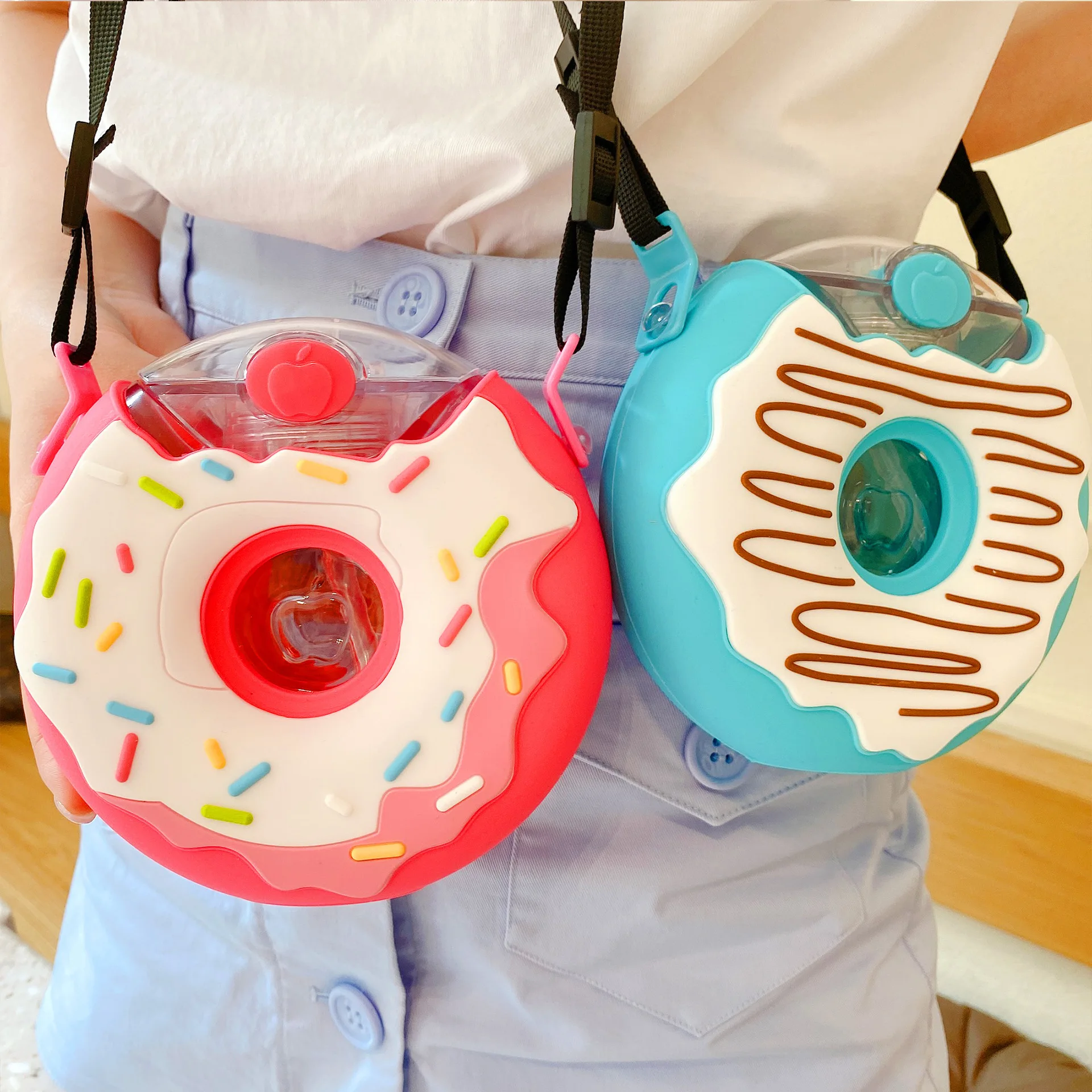 Kids Kawaii Donuts Water Mug Children Cute Water Bottles for Girls with Straw Bounce Plastic BPA Free Leakproof Outdoor Drinking