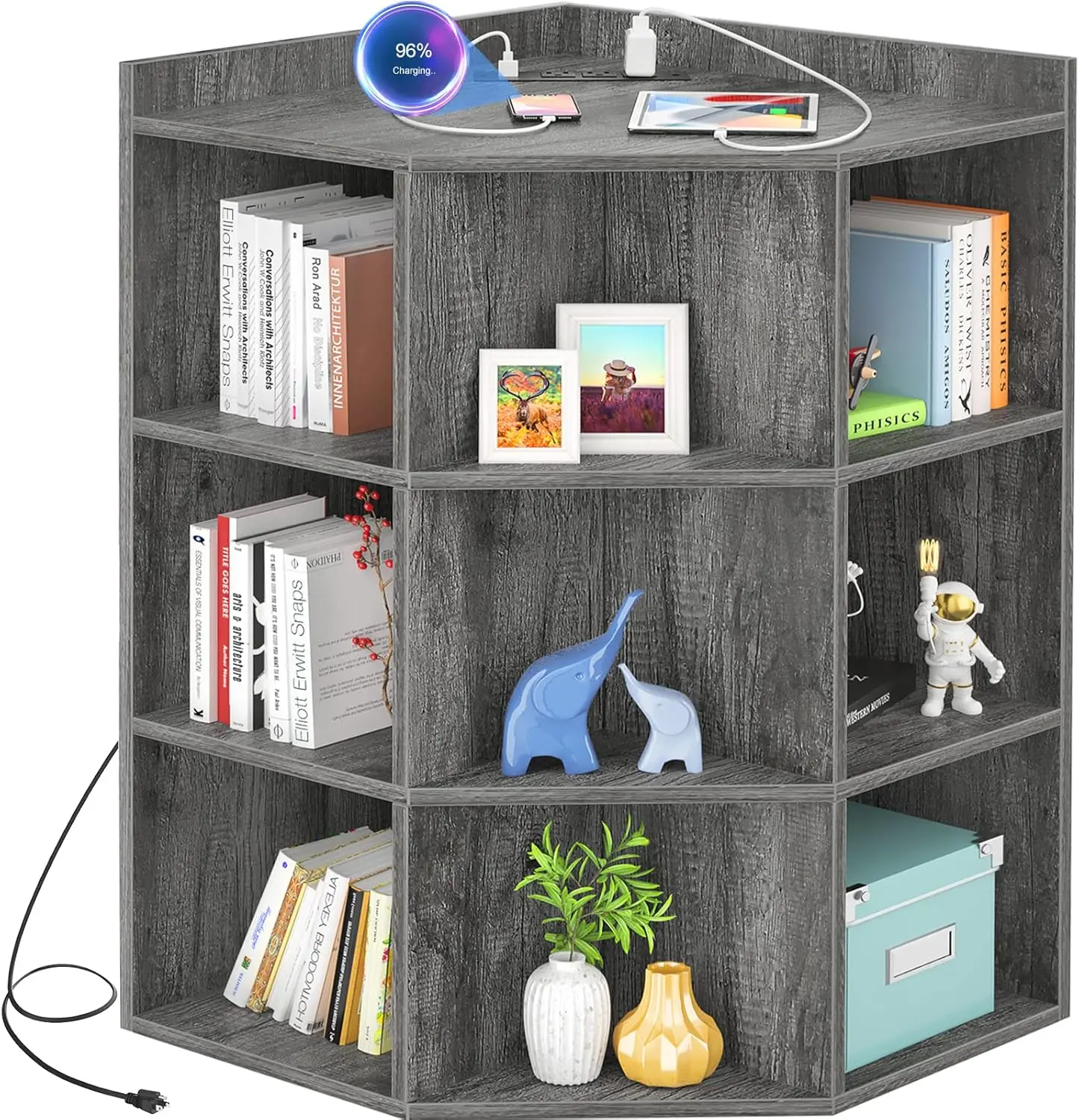 Corner Cabinet,  Storage with USB Ports and Outlets, Cube Toy Storage, Wooden Corner Cubby Bookshelf with 9 Cubes