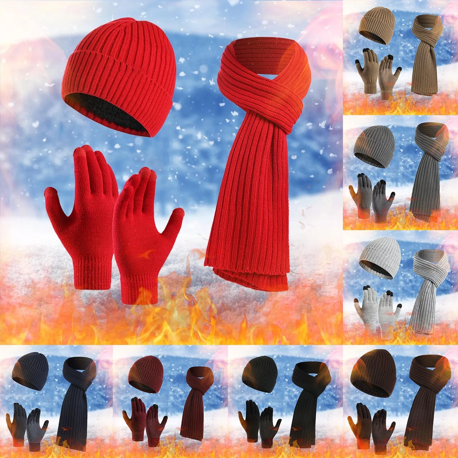 Women&Men Autumn And Winter Warm Wool Hat Scarf Gloves Slouchy Three Pieces Winter Snow Knit Cap Screen Mittens Scarves Sets