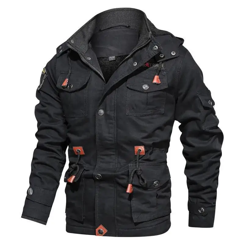 Men Winter Thick Cotton Cargo Jacket Detachable Hood Multi Pockets Drawstring Waist Windproof Outdoor Tactical Casual Coat