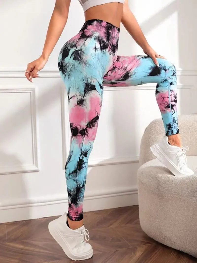 Leggings sem costura Tie Dye para Fitness, Push Up Butt Workout, Calças justas finas de cintura alta, Calças Running, Calças de Yoga Stretchy