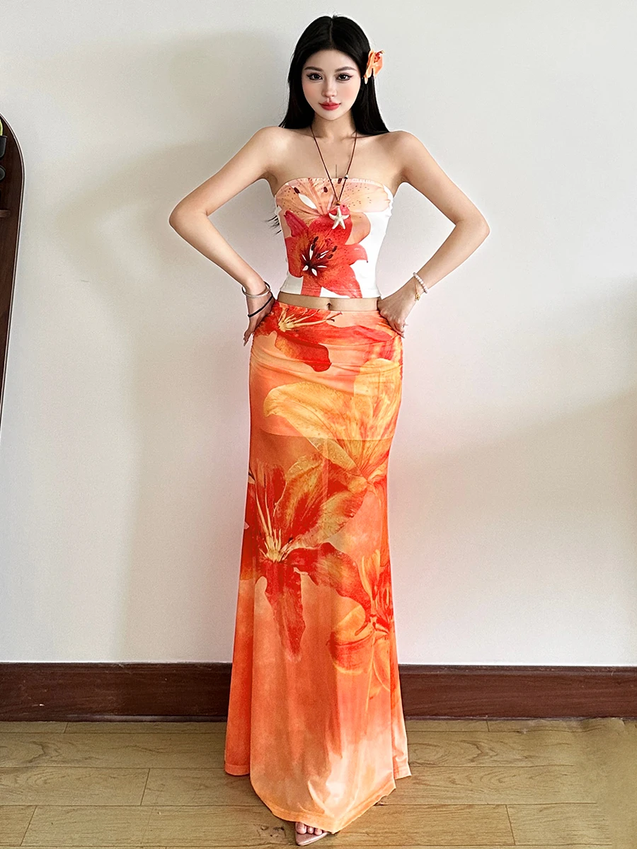 

Юбка с цветочным принтом и низкой талией, комплект из двух предметов для девочек, летняя модная полиэфирная ткань, студенческий orm Work Un...