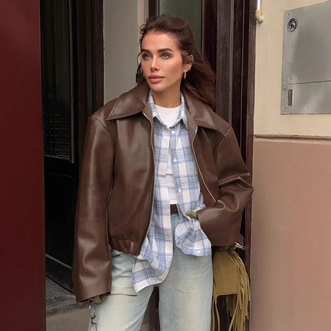 レディースファッション ラペルジッパー 長袖 女性用コート レディース ストリート アウター バーガンディ レザー ジャケット