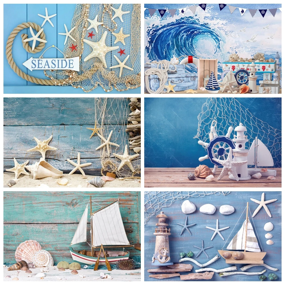 

Nautical Rudder Starfish 1st Birthday Backdrops Wooden Board Boat Sea Beach Theme Baby Photography Background Decor Photo Studio