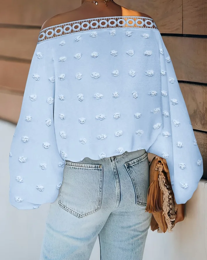 Jacquared Blusa con ribete de encaje de lunares grandes Top informal holgado con manga de murciélago