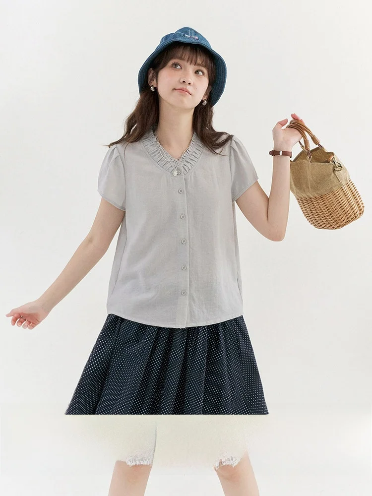 

AMUU Original Pure Color Pleated V-Neck Women's Shirt Loose Short Sleeve Summer New Style Lenzing Fiber Korean Style Commute