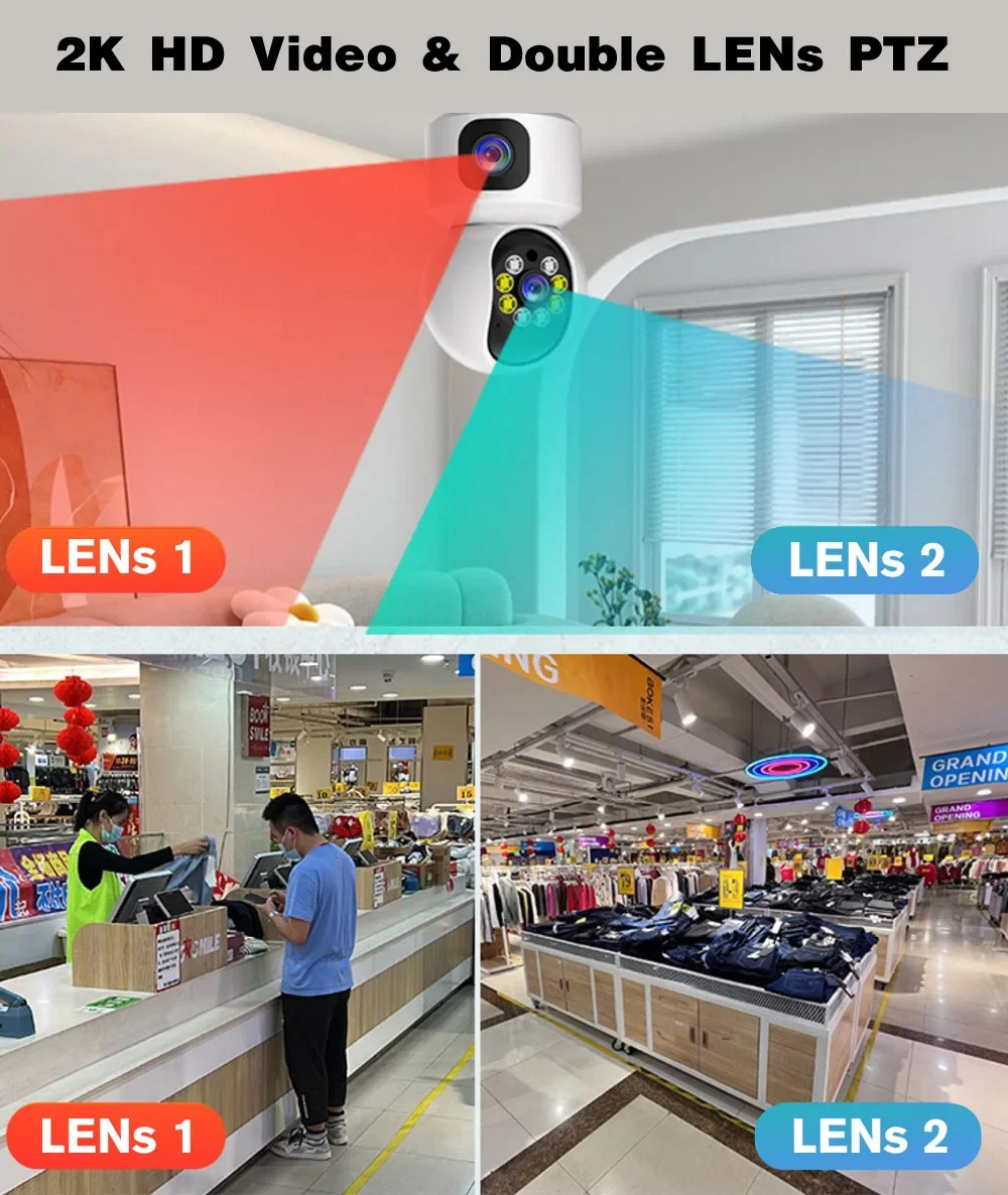 Kamera CCTV dalam ruangan, lensa ganda 4MP WiFi IP dengan kamera CCTV ° PTZ perlindungan keamanan cerdas, Monitor Video pengasuh bayi hewan peliharaan