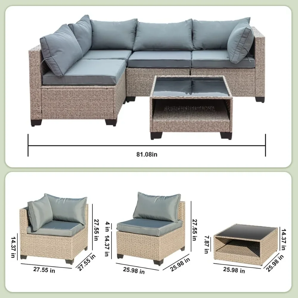 5-Piece Wicker Patio Furniture Set,  Sectional Sofa with Water Resistant Beige Thick Cushions and Storage Table Beige