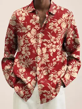 Mens Red Floral Print Long Sleeve Shirt 2023 Fashion Design Luxury Long Sleeve Tops Mens Four Seasons Button Lapel Shirt