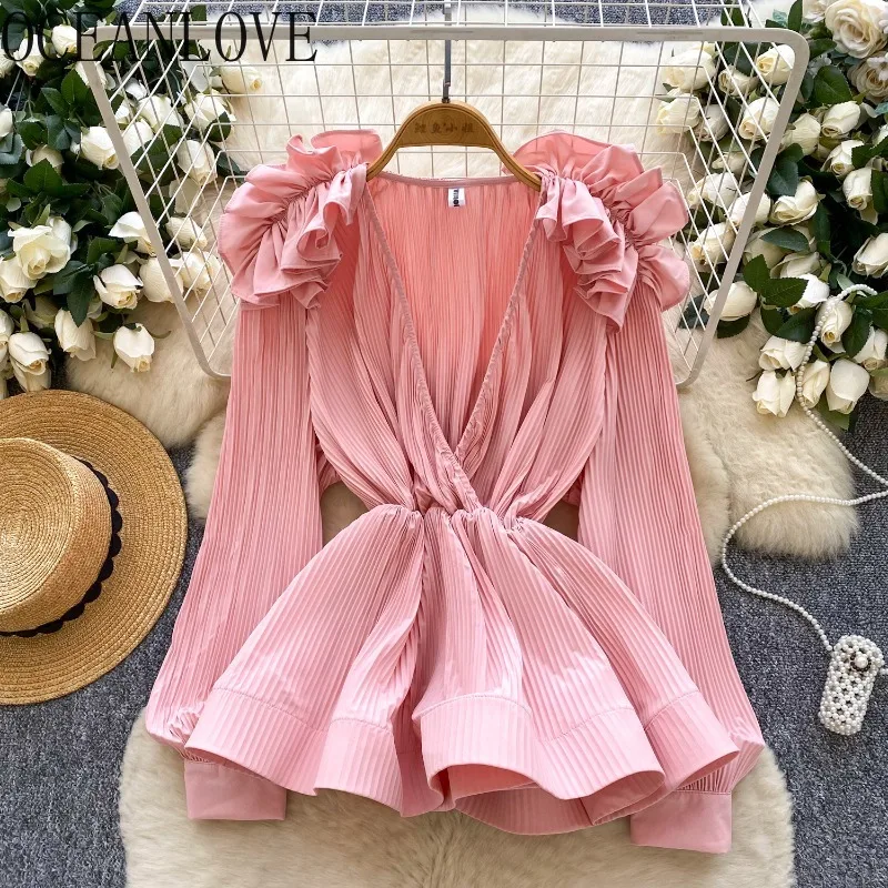 

OCEANLOVE Shirts&blouses Woman Tops Ruffles Solid Palace Style Blusas Mujer Spring Autumn Korean Fashion V Neck Camisas