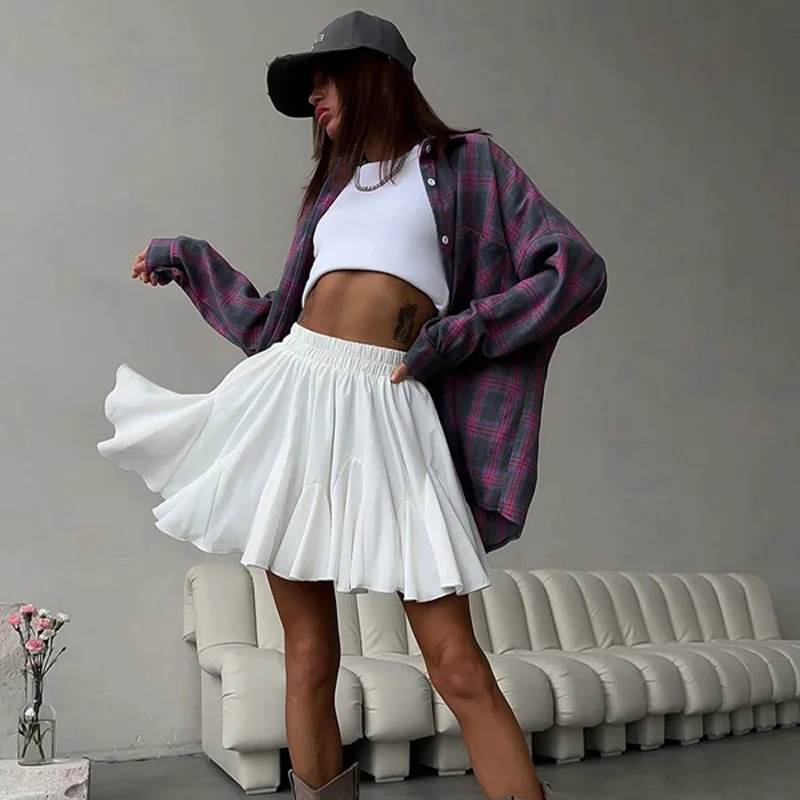 Women's Summer White Mini Skirt High Waist A-Line Vintage Ruffle Tennis Style Black Elastic Waist Cute Ruffle Short Skirts
