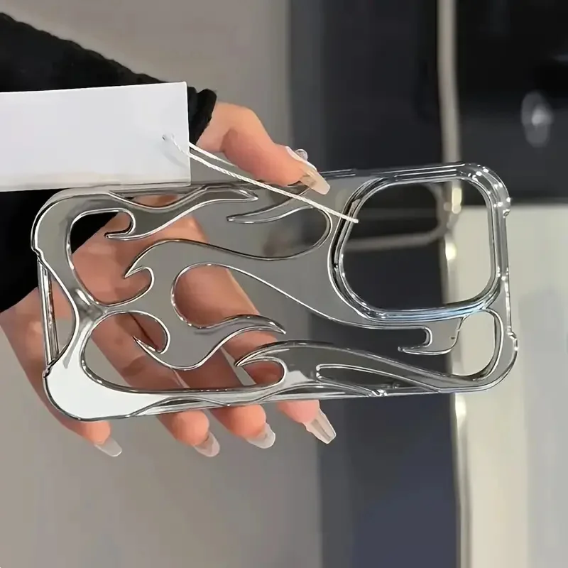 Модный чехол для телефона с выдолбленным пламенем, подходящий для iPhone 15, 14, 13, 12, 11 Pro Max Plus Cool для мальчиков и девочек, серебристый электро