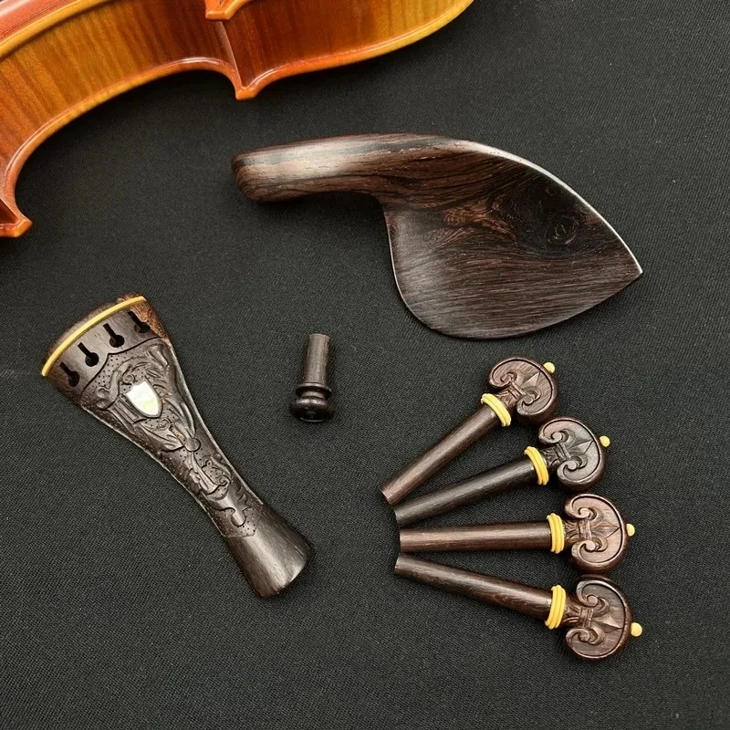 1 set violin 4/4 Carved patterns ebony wood accessories parts fittings,Tailpiece+Tuning pegs+Endpins+Chin rest/Chin Holder