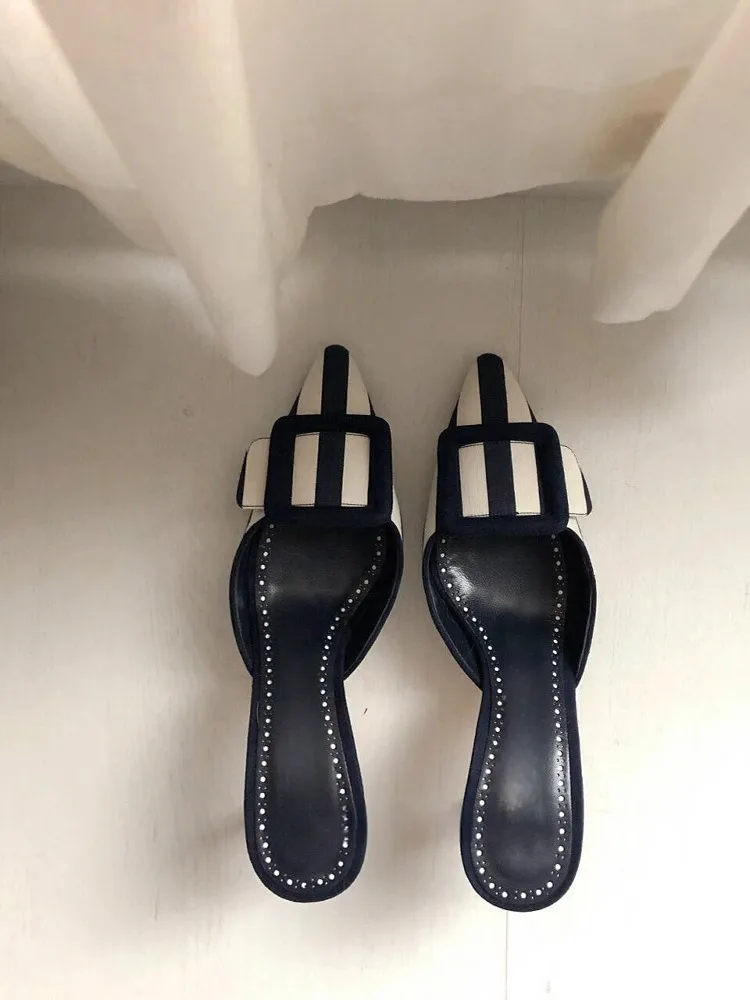 

Square-Buckle Pointed Stiletto Mid-Heeled Slippers Elegant Closed-Toe Shallow Back-Holstered Sandals Slip-On Women's Shoes