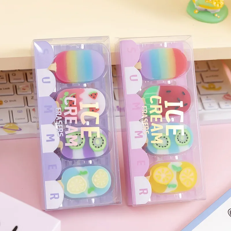 4 pcs/ Set 1-2 Set Lytwtw\'s Cartoon Cute Kawaii Ice Cream Rubber Mini Eraser Novelty Stationery Office School Supplies