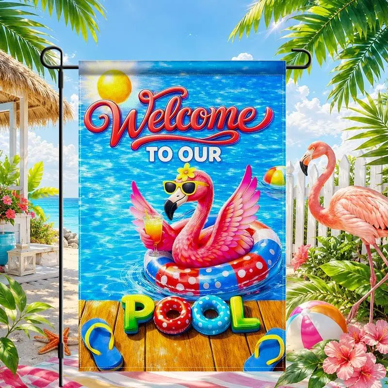 Welcome to Our Pool Garden Flag 12 x 18 Inch Double Sided Burlap Linen, Summer Pool Decor Flamingo Pool Party Decorations Be kkz