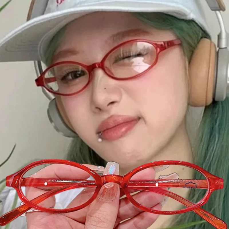 

Women Retro Oval Glasses Y2K Japanese and Korean Girls Red Green Frame Glass Eyewear Decorative Computer Anti-blue Eyeglasses