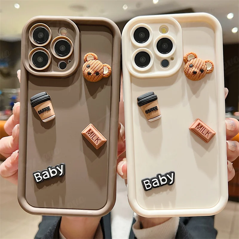 Liquid Silicone Soft Phone Case For Samsung Galaxy A55 A24 A05 A05S A15 A25 A35 A13 A23 3D Coffee Bear Shockproof Back Cover