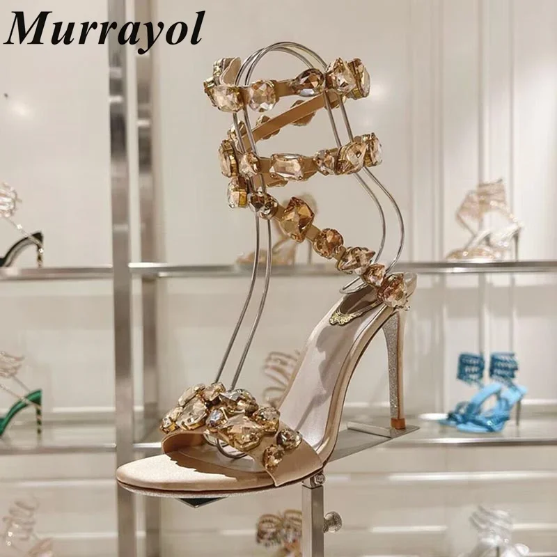 Sandalias Bling Rhinestone Decor Elastic Strap Thin High Heels Women Snake Shaped Entanglement Sandals Summer Party Dress Shoes
