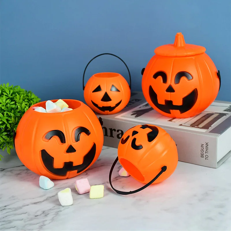 Halloween Pumpkin Bucket Portable Plastic Candy Pot Cauldron Holder Jar Trick Or Treat Halloween Party Decors Supplies Kids Toy