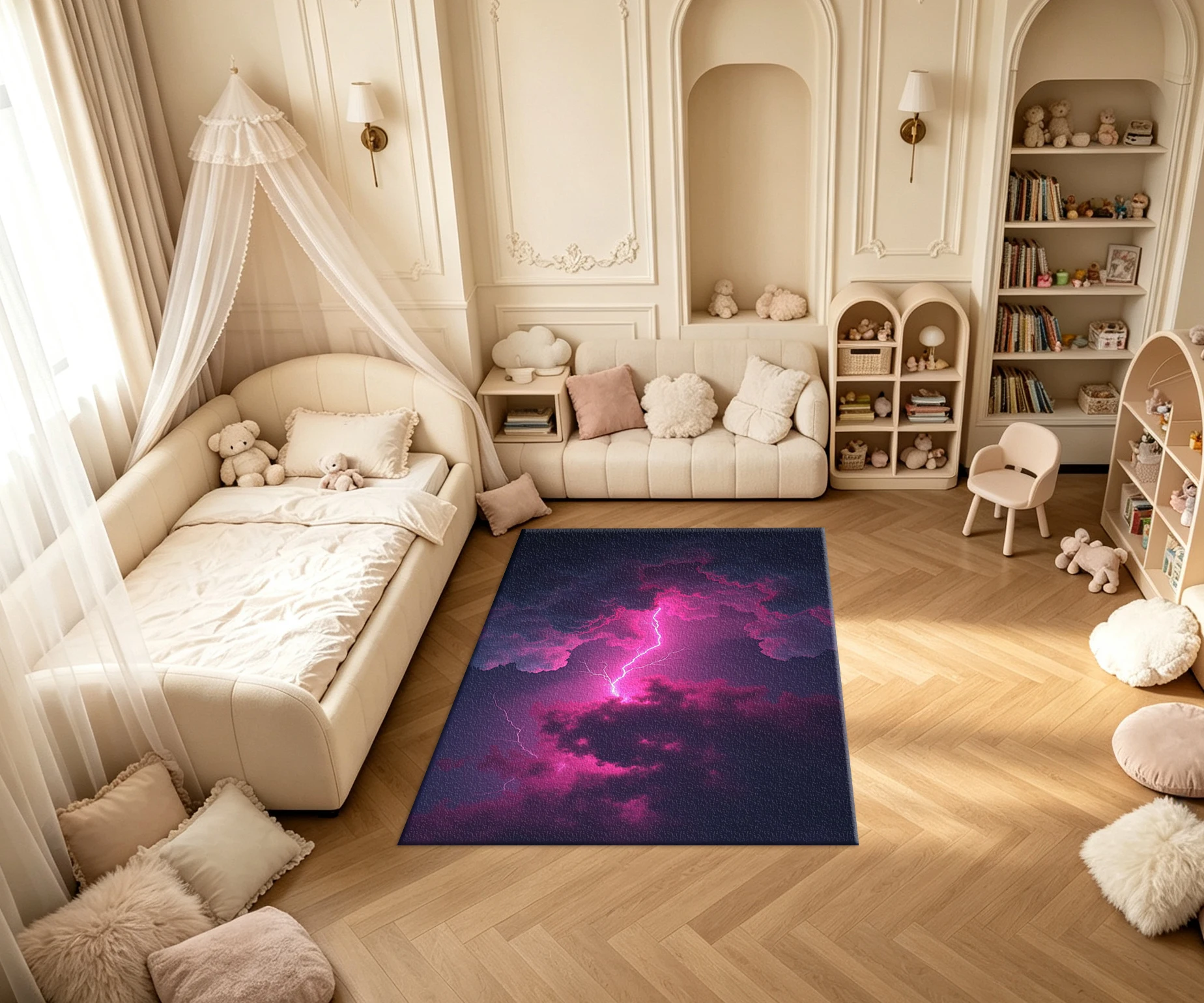 Neon Pink Purple Thunder Lightning Cloud Carpet Flooring Dramatic Storm Sky Scenery Printed Square Area Rug for Household Wall Floor Ornament