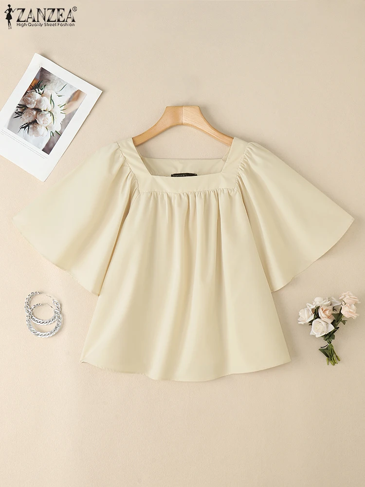 

2025 ZANZEA Summer Pleated Shirt Women Solid Work Blouse Casual Short Flare Sleeve Tunic Tops Square Neck Female Holiday Blusas