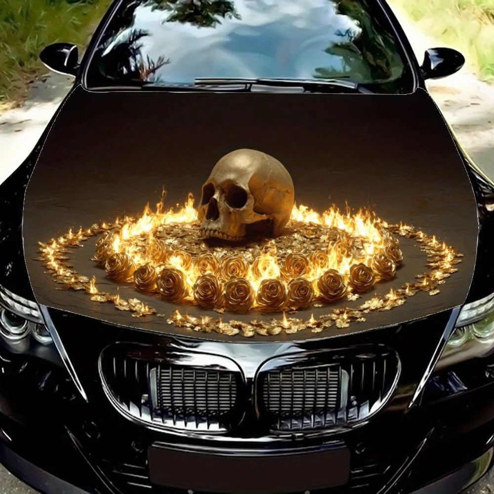 

Skull in Flames and Roses print,car hood stickers,PVC waterproof Self adhesive car hood sticker,car hood decoration protection s
