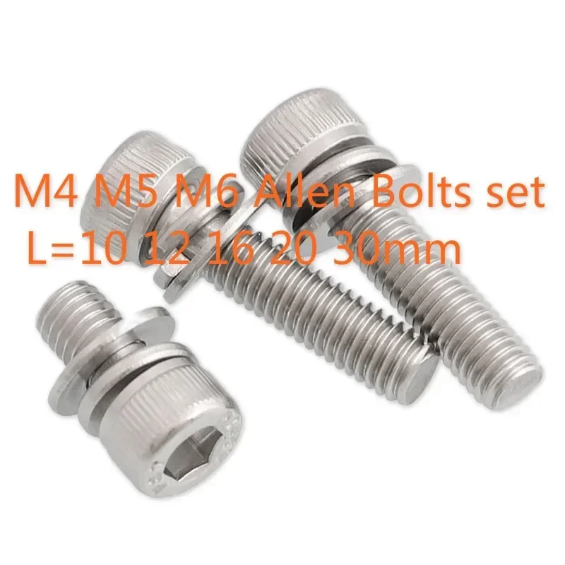 40set Hex Bolt Set M4 M5 M6 Allen Socket Screws DIN912 Flat Spring Washer Gasket 304 Stainless Steel  L=10-30mm 16mm 20mm