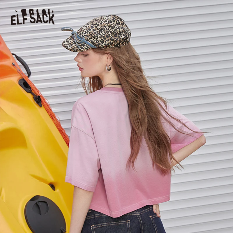 ELFSACK 2024 Summer New Arrivals Pink gradient rivet short sleeved T-shirt women\'s loose pure cotton short top