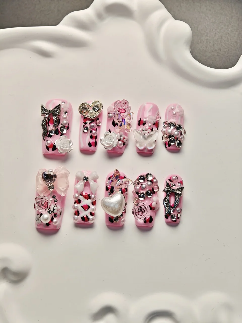 

10pcs Press On Nails, Luxury Sweet Style, Pink Leopard, 3D Bow & Rose, Handmad