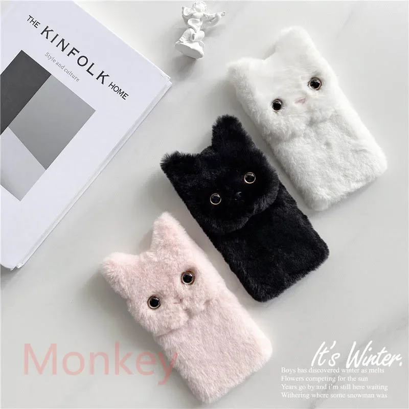 Fur Plush 3D Cat Ears Phone Case For Samsung Galaxy S23 S22 Ultra S21 A04S A14 A24 A34 A54 M13 A25 Soft Phone Holder Case Coque