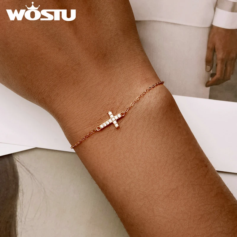 WOSTU 925 Sterling Silver Simple Zircon Glod Cross Bracelet Chain Bracelets Charm On Hand For Woman CTB088