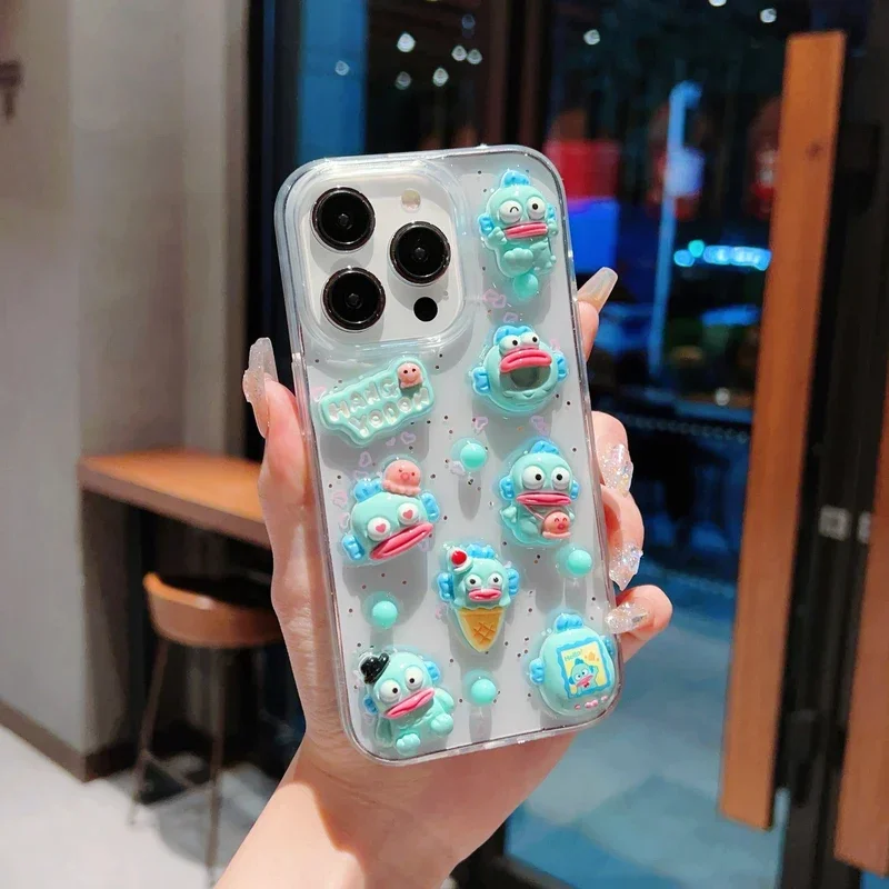 3D Cute Cartoon Sanrio Hangyodon Transparent Phone Case For iPhone  iPhone 16 15 14 13 12 11 Pro Max Shockproof Back Cover