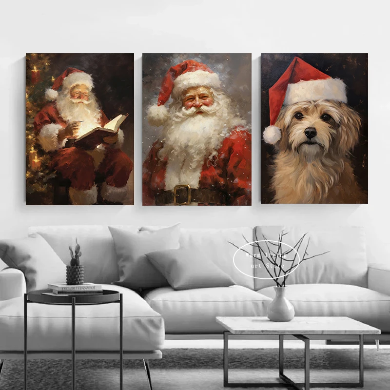 Christmas Santa Claus Country Farmhouse Elk Cat Snow Tree Forest Canvas Painting Winter Landscape Poster Print Room Home Decor