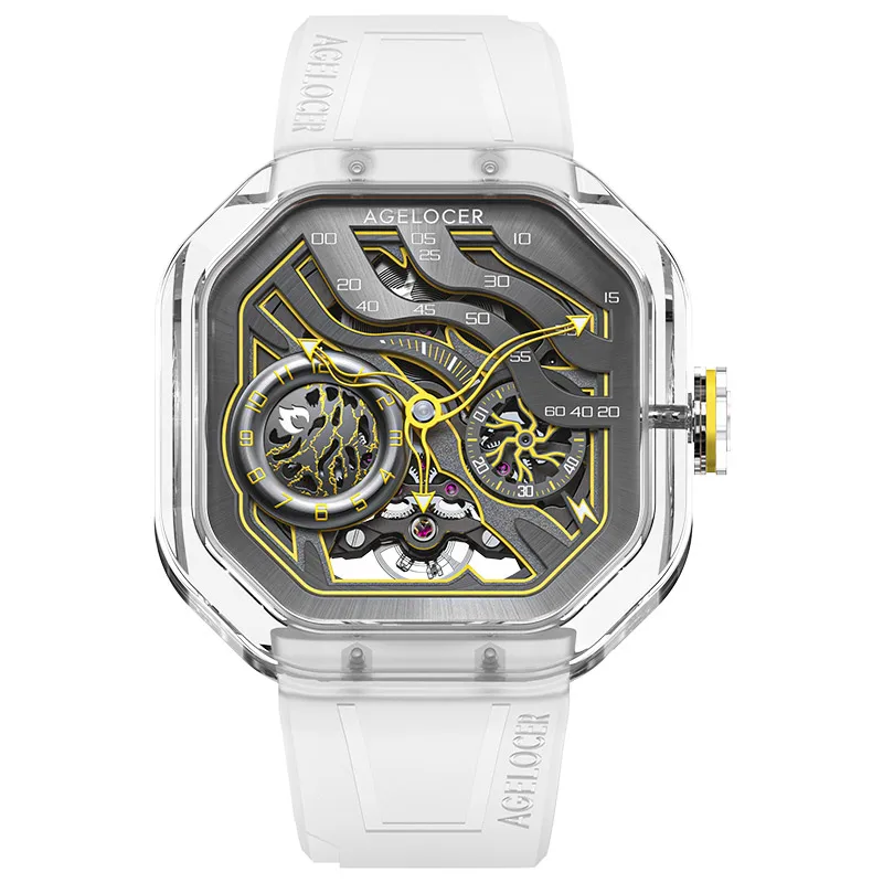 AGELOCER Original Volcano Watch Men Square Crystal Case Luxury Skeleton Automatic Mechanical Watch Birthday Gift for Men