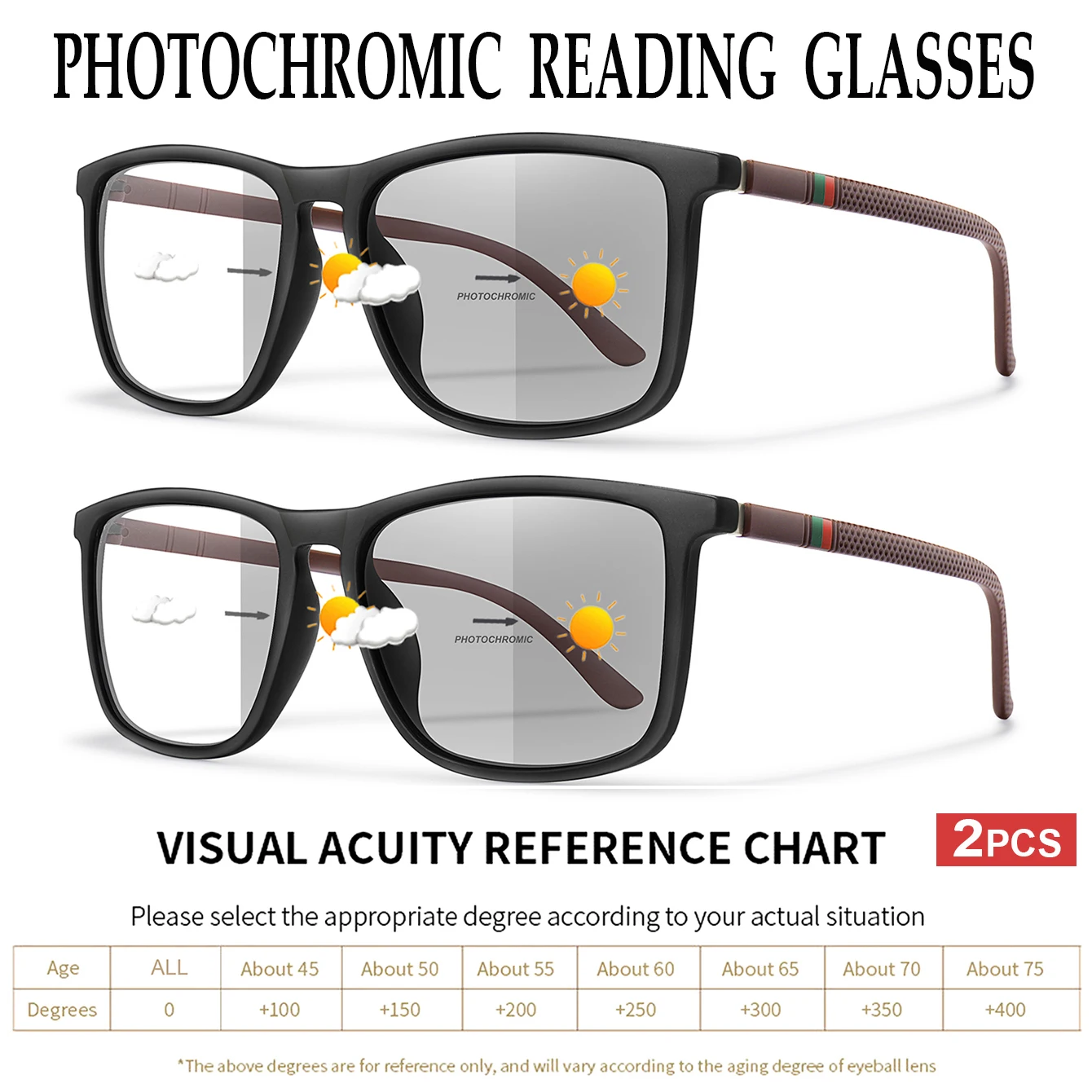 2 Pairs Men and Women's Photochromic Anti-Blue Light Reading Glasses Daily Wear Presbyopic Eyewear Wholesale Retail GIifts