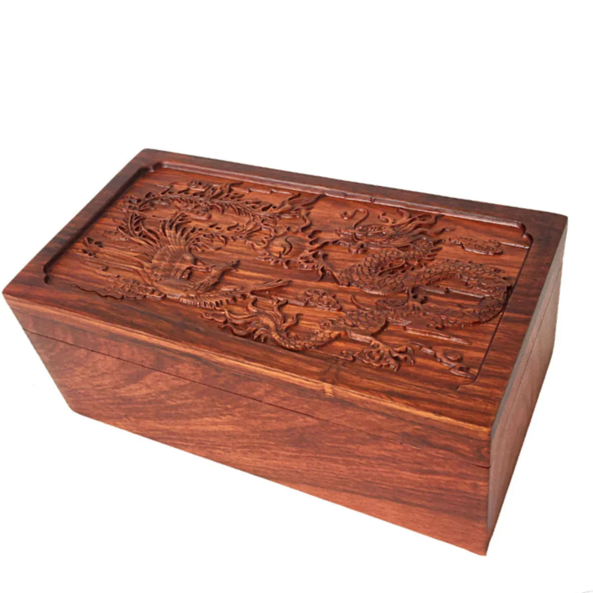 Extra Large 19.5cm Wooden Dragon and Phoenix Jewellery Box Mahogany Pearwood Jewellery Storage Carved Embossed Necklace Box