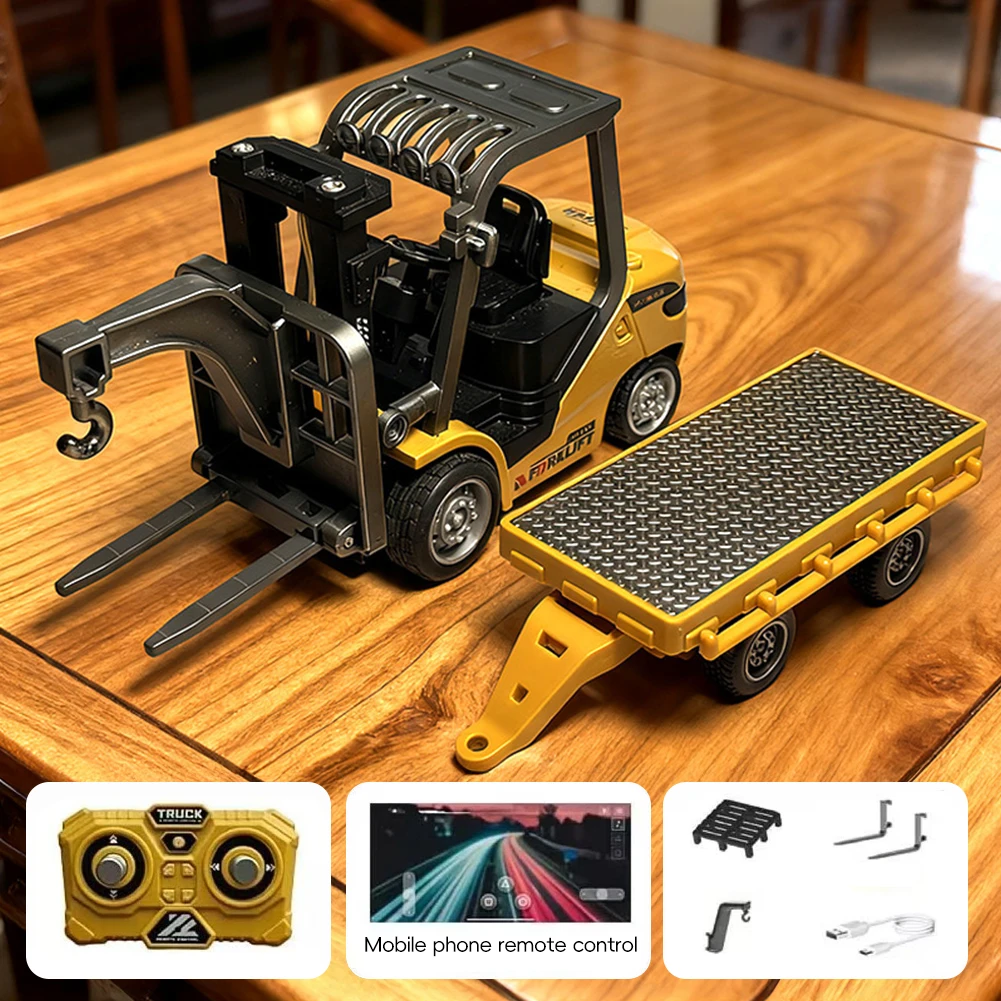 Caminhão elevador de engenharia com controle remoto por aplicativo, brinquedos para crianças, presentes, 1/64 2.4g rc, mini empilhadeira de liga com reboque, jogo de mesa em escala completa