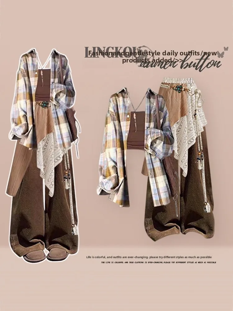 

Large Size Autumn Winter Vintage Plaid Jaet Strap Aosphere Skirt Pants Curtain Four Piece Set Women's Anti Aging Faion
