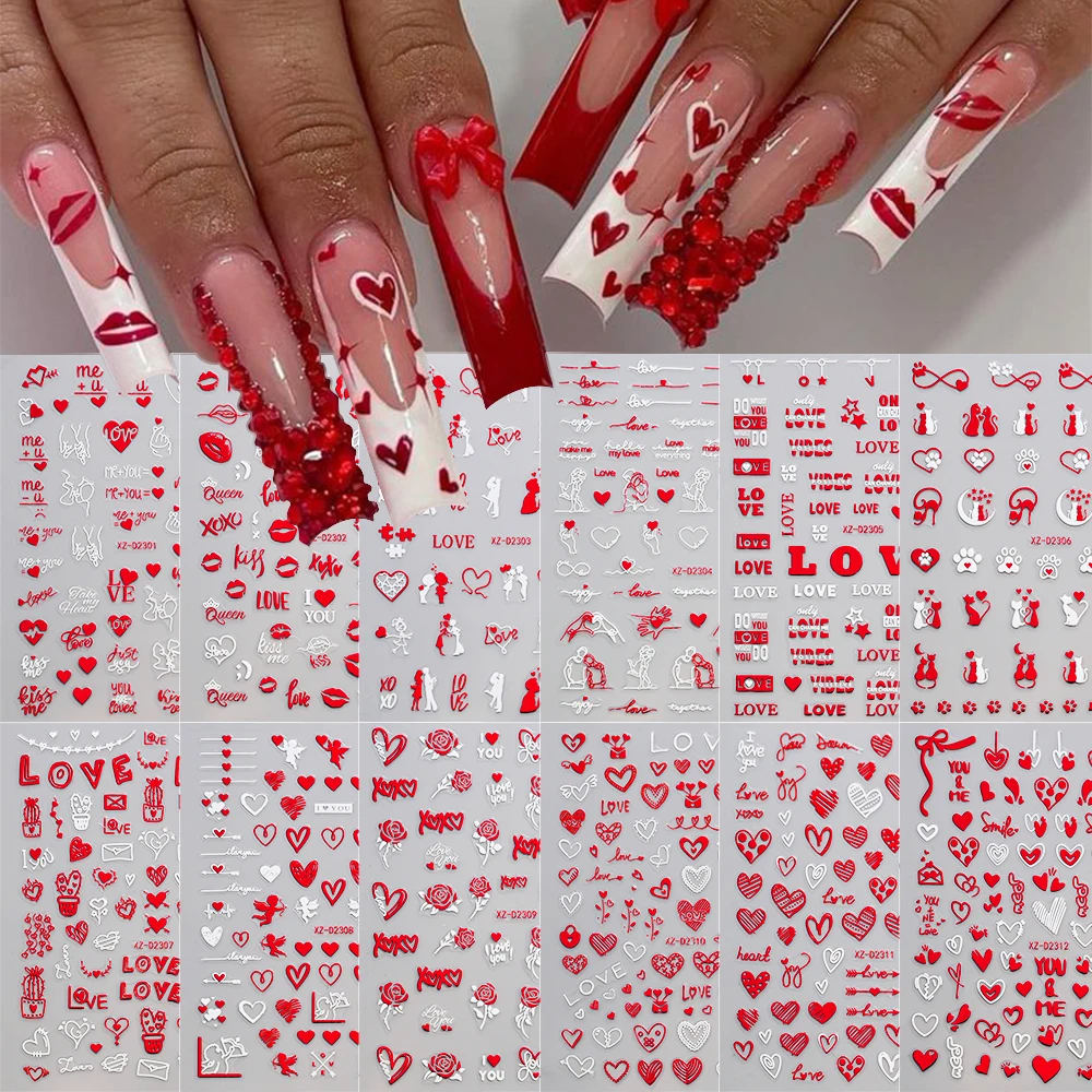 12/6/4Pcs Love Heart/Letter/Lips 3D Nail Stickers Kawaii Red Love Heart Self-Adhesive Sliders Valentine's Day Manicure Decals